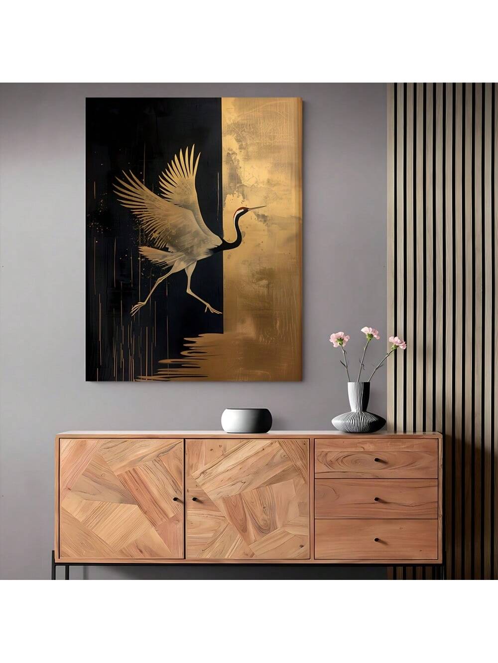 Bring a touch of elegance to any space with our Japanese Crane Canvas Art Print. Featuring striking black and gold details, this wall decor is sure to impress. With its timeless design and high-quality canvas, it's perfect for adding a sophisticated touch to any room.