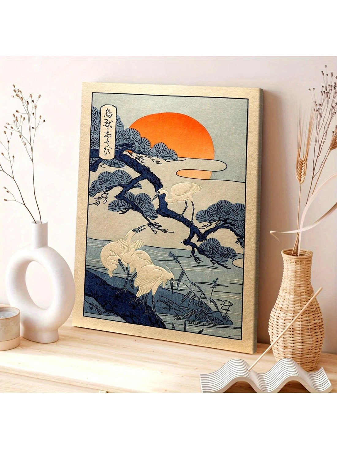 Transport your space into a realm of tranquility with this exquisite Ukiyo-e-inspired canvas art. Featuring a masterfully rendered Japanese landscape where graceful cranes glide among towering pine trees, this piece captures the essence of traditional woodblock artistry. The sophisticated composition balances negative space with intricate detail, creating visual depth that commands attention without overwhelming. Ideal for discerning collectors and those seeking authentic cultural aesthetics, this canvas el