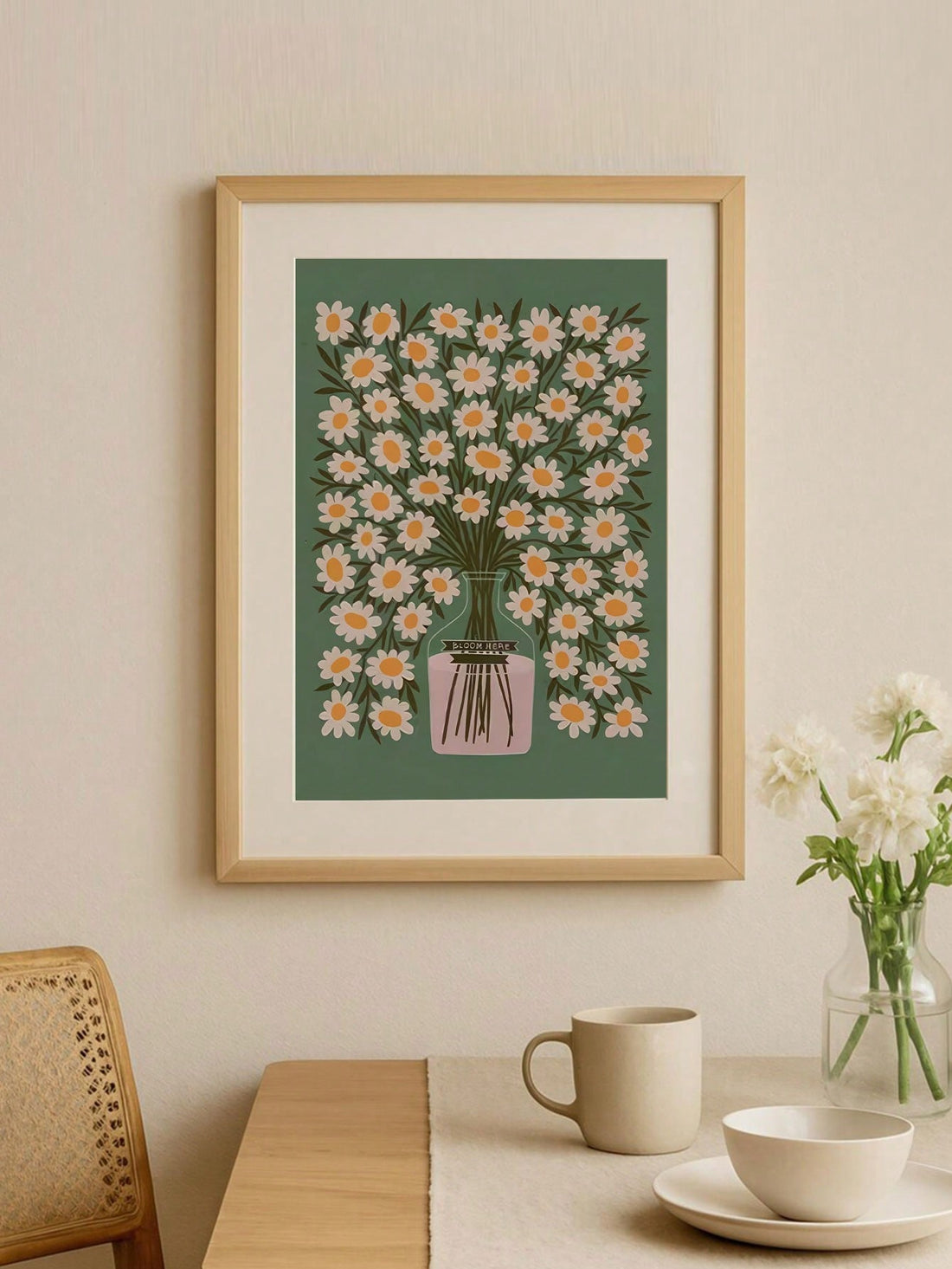 Transform your space with this sophisticated minimalist daisy poster, featuring delicate florals rendered in soothing soft green tones. 
