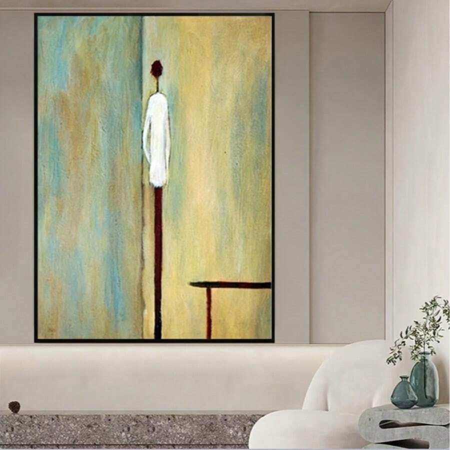 Morandi-inspired white figure canvas poster in a modern neutral living room