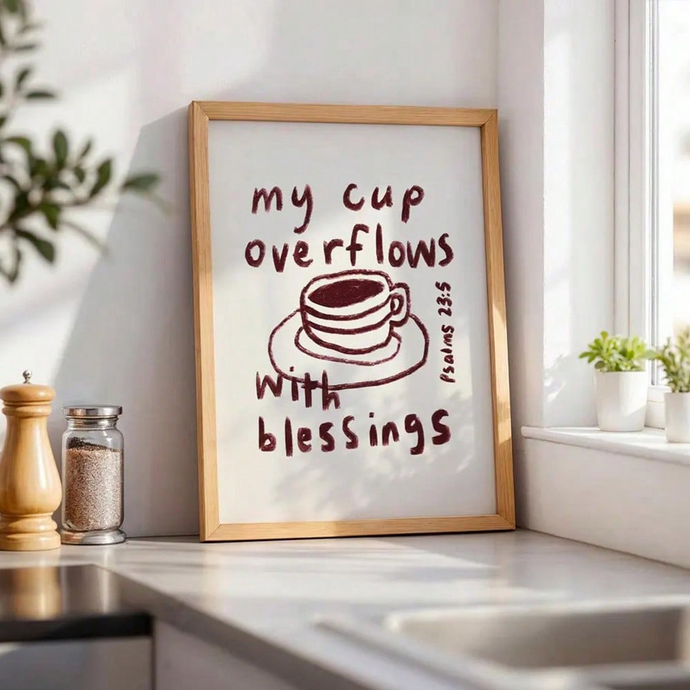 Inspired by Psalm 23:5, this minimalist canvas art transforms a timeless scripture into contemporary home décor. The elegant typography and clean design complement modern interiors while serving as a daily spiritual reminder.