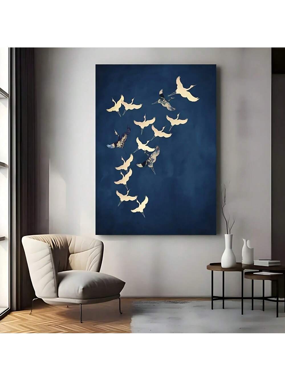 Transform your space with this sophisticated canvas art featuring graceful flying cranes rendered in rich navy blue and gleaming gold accents. The modern design brings an air of elegance and tranquility to any room, whether displayed in your living room, bedroom, or office.