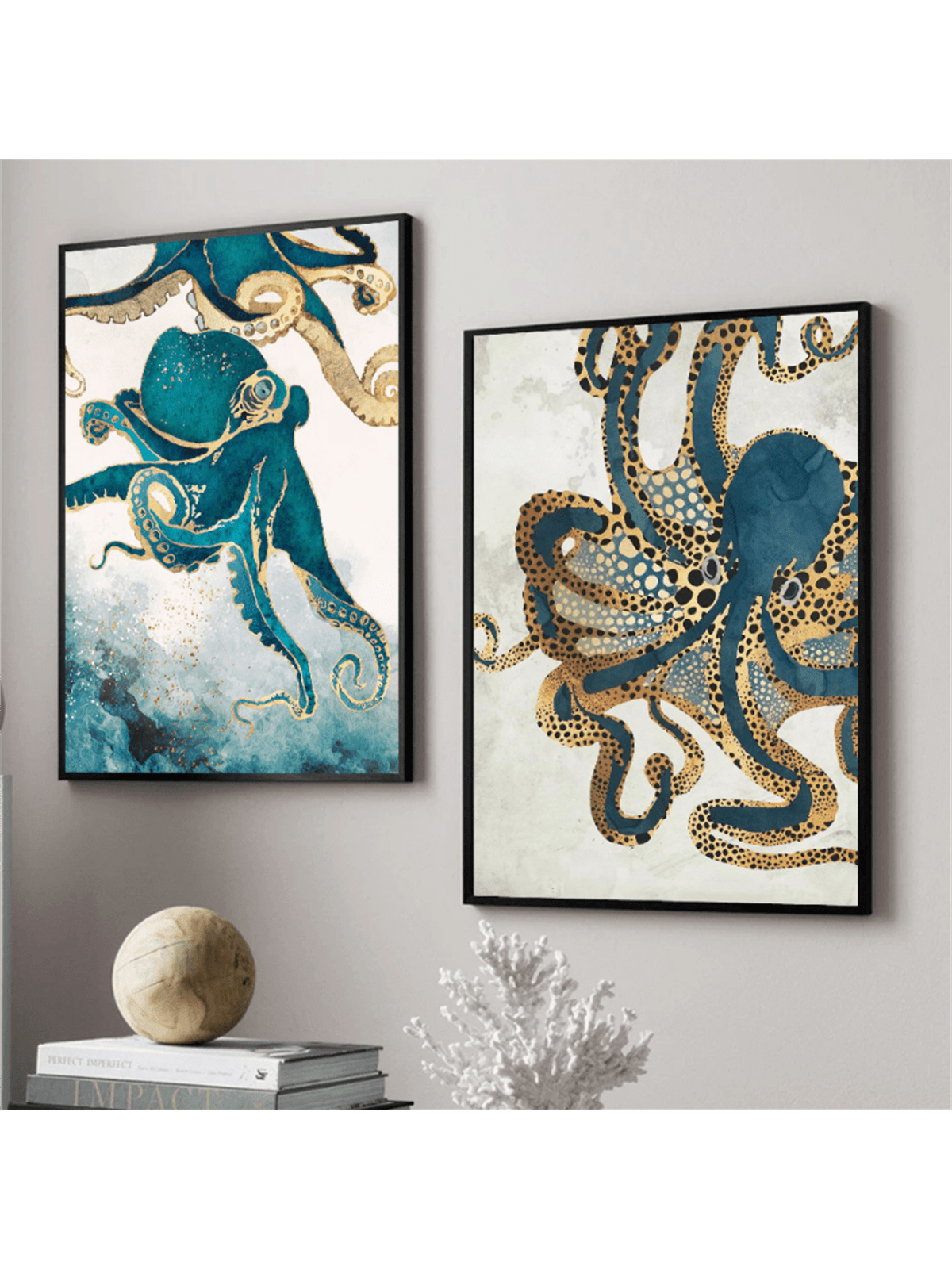 Display your love for the ocean with this elegant set of 2 canvas art featuring abstract octopus designs. These marine animal posters will add a touch of luxury and sophistication to your home decor. Made with high-quality materials, they are perfect for any art lover or interior design enthusiast.