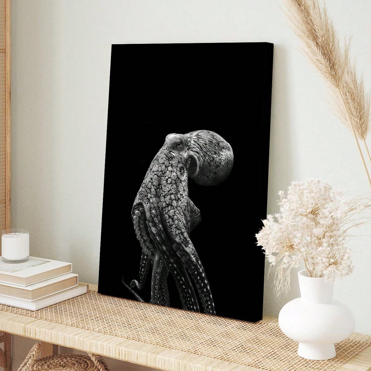Elegant Octopus Wall Art: Black & White Canvas Print with Wooden Frame for Stylish Home Decor