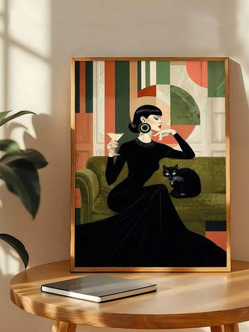 Woman holding a cocktail beside a black cat and green sofa in a wood-framed retro portrait print