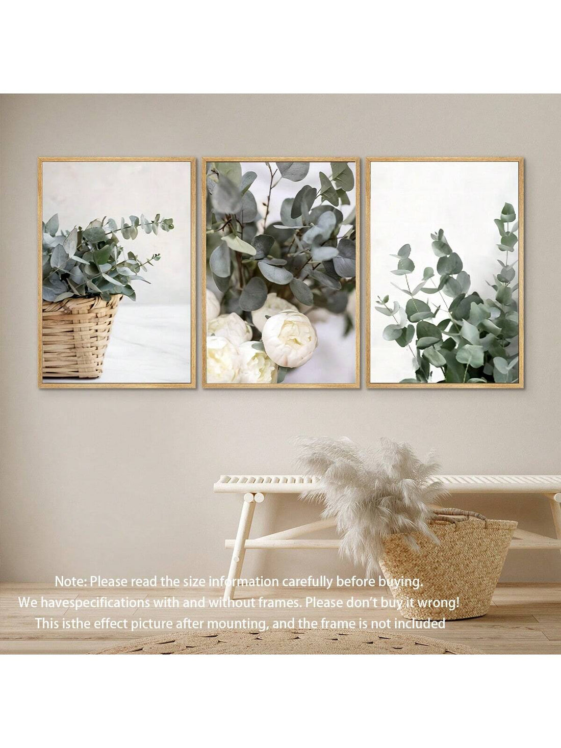 This elegant 3-piece canvas art set features delicate eucalyptus leaves in a serene sage green hue. Perfect for a modern home, this framed wall decoration adds a touch of sophistication to any room. Bring a calming and natural aesthetic to your space with this stunning canvas art set.