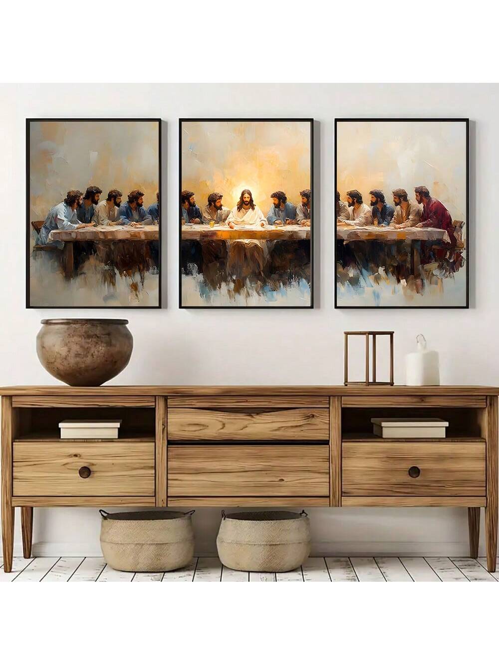Enhance your space with this elegant set of three unframed Last Supper wall art pieces. Each painting captures the profound moment with refined detail, making it a perfect addition for both home and office environments. Designed to inspire reflection and add a touch of sophistication, these artworks offer timeless religious symbolism without overwhelming your décor. Their unframed format allows for versatile display options, easily integrating into a variety of interior styles.