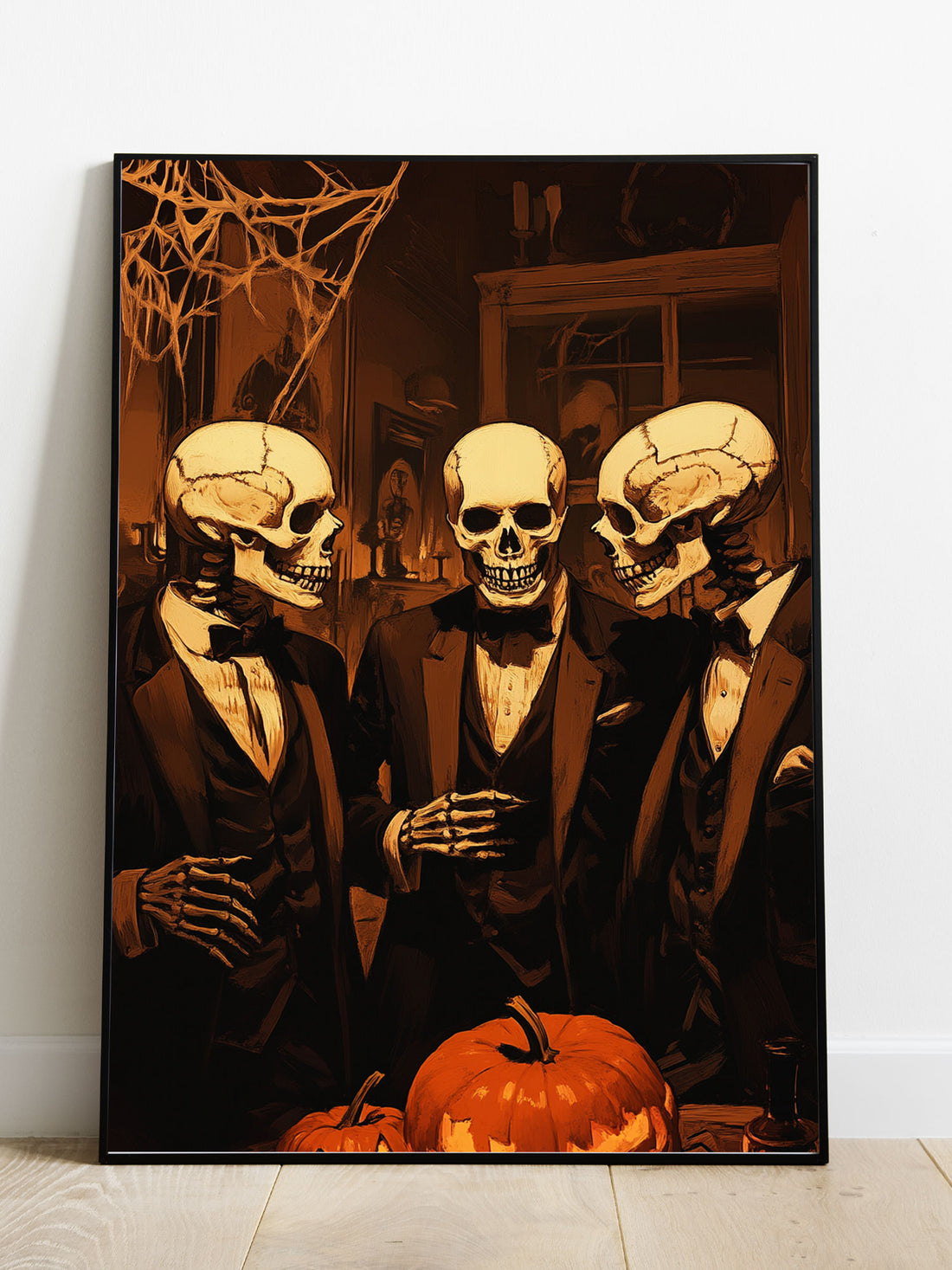 Upgrade your home decor with this elegant skeleton gentleman canvas poster wall art. Featuring a detailed and sophisticated design, this high-quality print will add a touch of class to any room. Made with premium materials, this piece is perfect for those with a taste for the macabre.