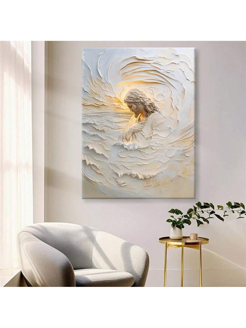Elevate your space with this Elegant White Jesus Canvas Wall Art, designed to bring a serene and reverent atmosphere to any home, church, or office. Crafted with attention to detail, this Christian poster features a minimalist white palette that complements diverse decor styles while inspiring peace and reflection. Its high-quality canvas ensures durability and a refined finish, making it a meaningful addition to your sacred or professional environment.