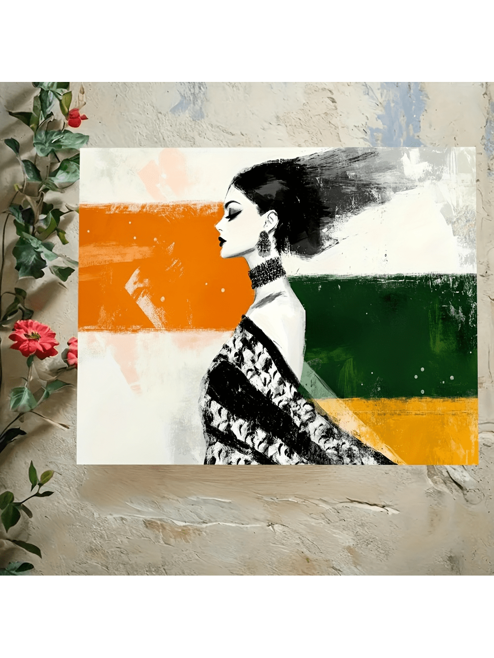 Elevate your living space with this Elegant Woman Canvas Wall Art, featuring a sophisticated retro Art Deco design. The vibrant orange and green abstract background adds a dynamic contrast, making it a striking focal point for any room. Crafted to enhance home decor, this piece blends classic elegance with modern vibrancy, perfect for those seeking refined artistic expression.