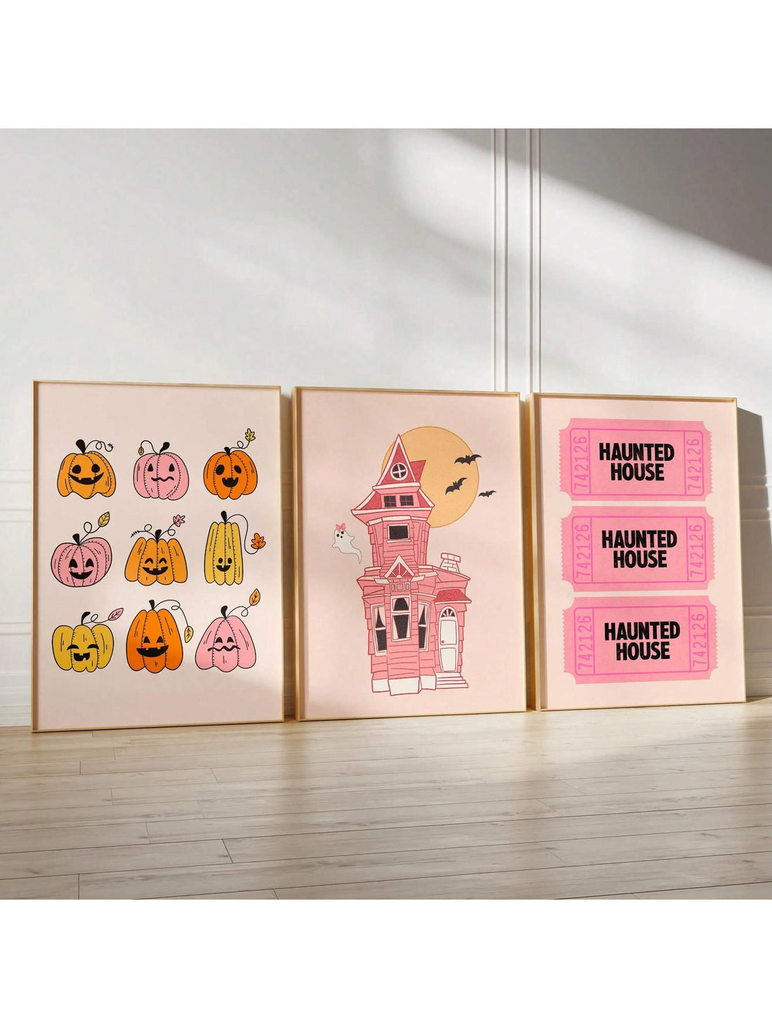 Add a playful yet spooky touch to your child's room with this 3-piece pastel pink Halloween haunted house wall art set. Designed with vibrant colors and charming details, these prints create a fun, festive atmosphere that’s perfect for young Halloween enthusiasts. Easy to hang and coordinate, this set brings a cheerful, whimsical vibe to any kid’s space while celebrating the spirit of the season.