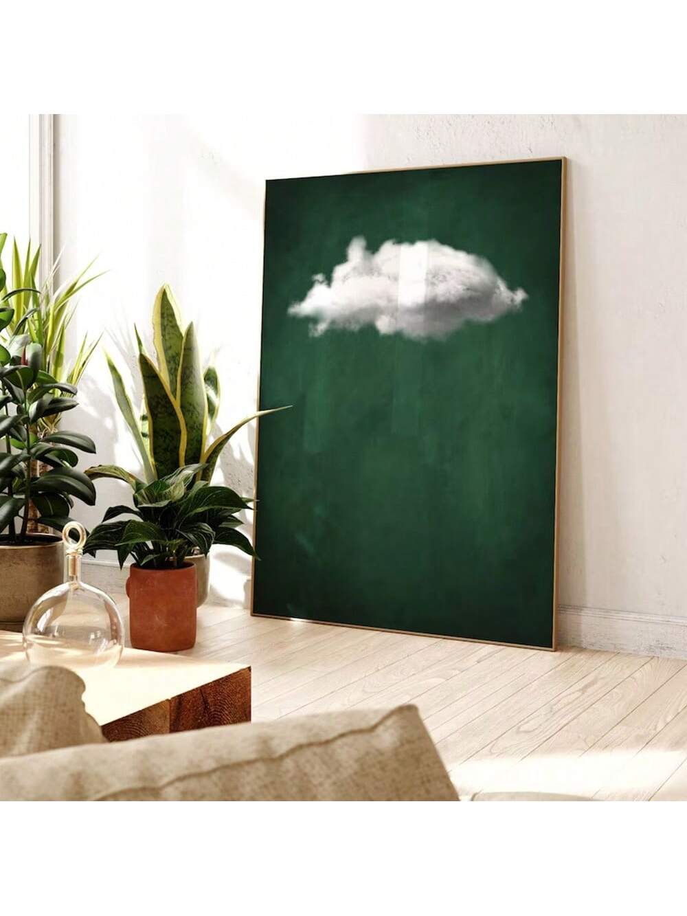 Add a touch of modern, retro-inspired art to your living space with Emerald Dreams. The minimalist sky and cloud poster is perfect for bedside decoration or home decor. This abstract landscape piece comes unframed, allowing you to customize it to your unique style. Elevate any room with this stunning piece.