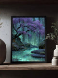 Purple enchanted tree and glowing turquoise stream canvas art