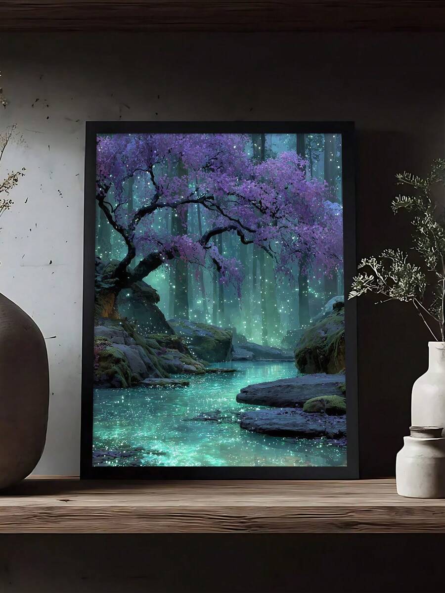 Purple enchanted tree and glowing turquoise stream canvas art