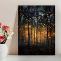 Unframed firefly forest canvas poster displayed beside pink flowers