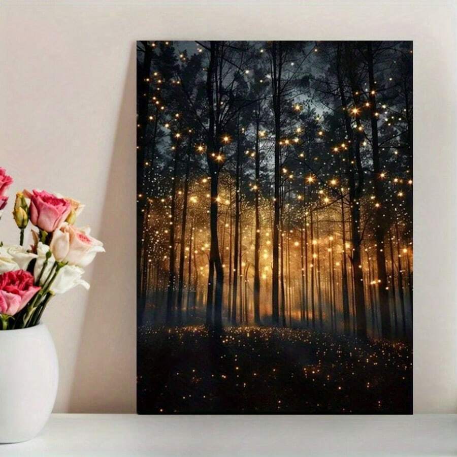 Unframed firefly forest canvas poster displayed beside pink flowers