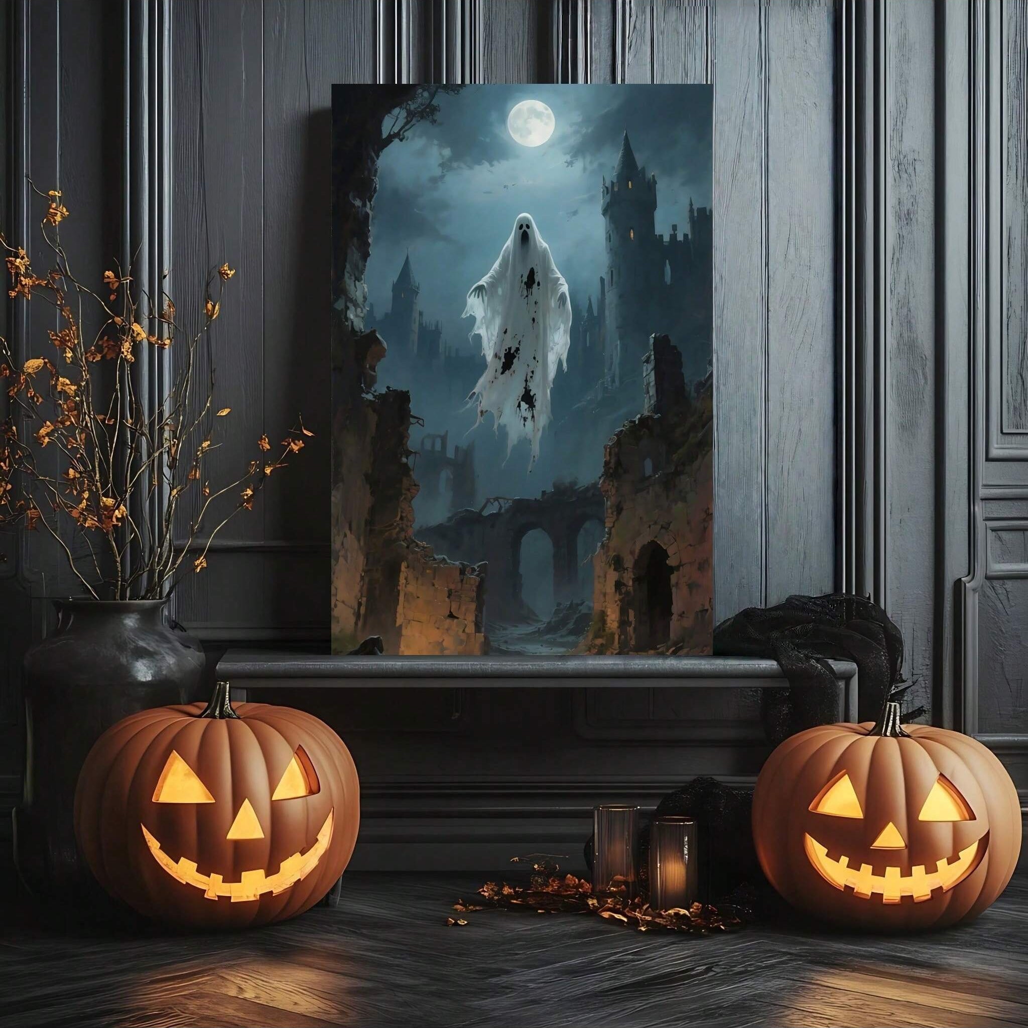 Elevate your Halloween décor with this Enchanting Ghosts &amp; Spirits Canvas Art. Designed without a frame for a sleek, modern look, it brings a subtle yet captivating supernatural ambiance to any home or office space. Crafted to blend seamlessly with contemporary interiors, this canvas art adds a sophisticated touch to your seasonal decorations while maintaining an air of mystery and elegance. Perfect for those seeking a refined Halloween aesthetic that balances festive spirit with modern design.