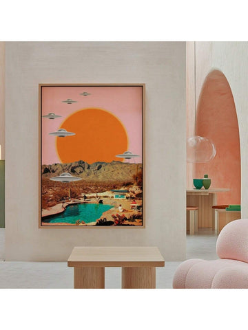 This captivating retro sci-fi art print features a UFO set against a vibrant sunset, blending nostalgic charm with modern design. Printed on high-quality canvas, it adds a unique, futuristic touch to any contemporary living space. Perfect for enthusiasts of vintage science fiction and distinctive home decor, this piece invites curiosity and conversation while enhancing your environment with its bold colors and imaginative theme.