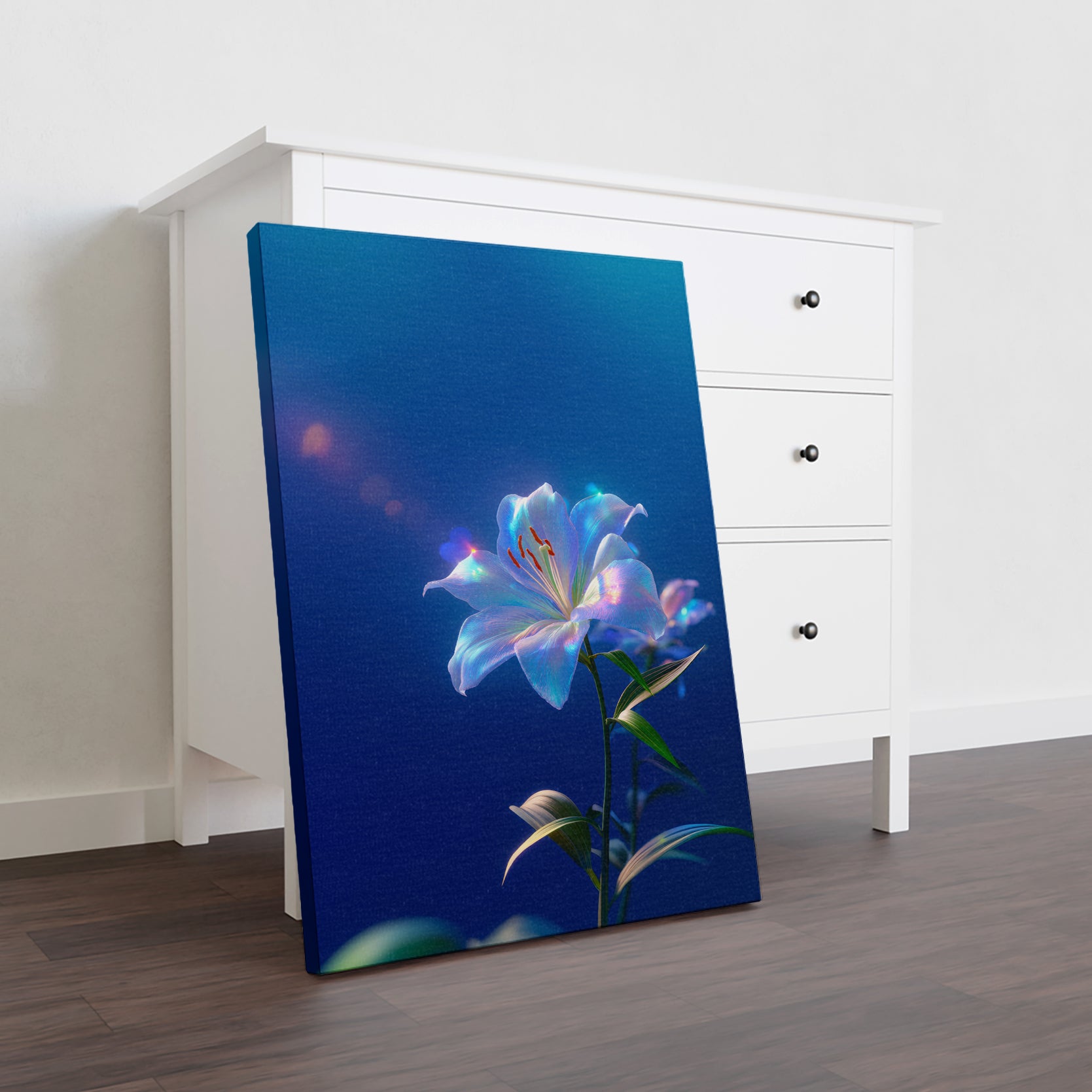 Capture the serene beauty of nature with this stunning canvas wall art featuring an ethereal blue lily rendered in glowing floral photography. The delicate bloom emerges against a rich, deep blue background, creating a sophisticated focal point that transforms any space. Perfect for living rooms, bedroom walls, or above sofas, this piece brings tranquility and elegance to your home decor.