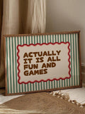 Retro typography canvas poster with fun and games phrase green waves and red accent