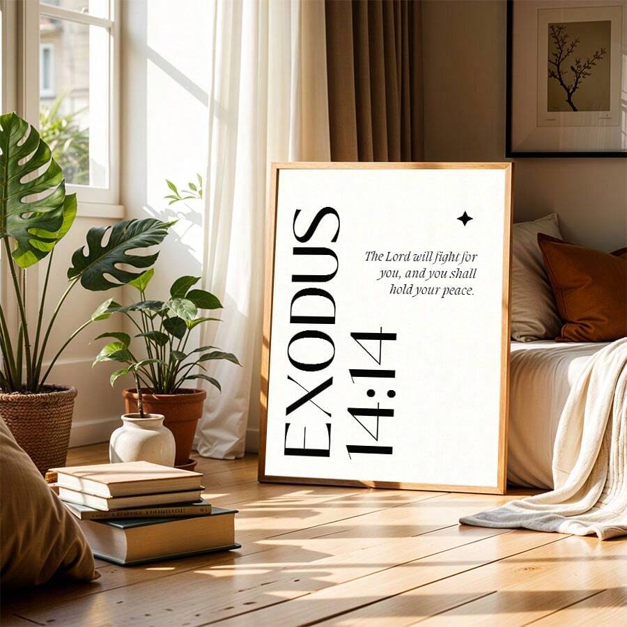 Exodus 14:14 Bible verse black and white typography poster