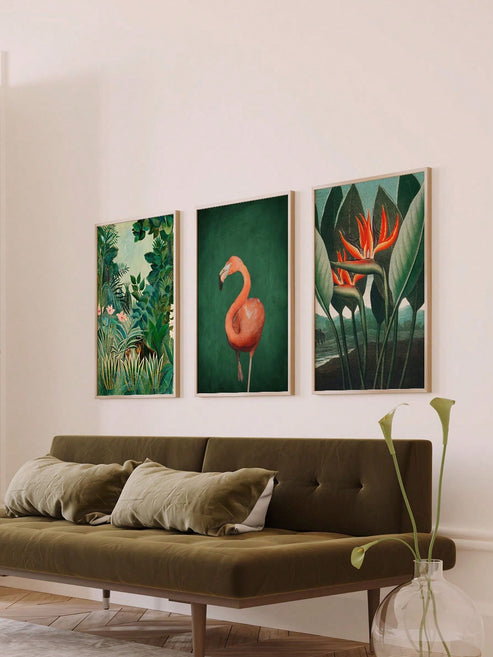Dark emerald green flamingo botanical wall art for a stylish and dramatic home interior