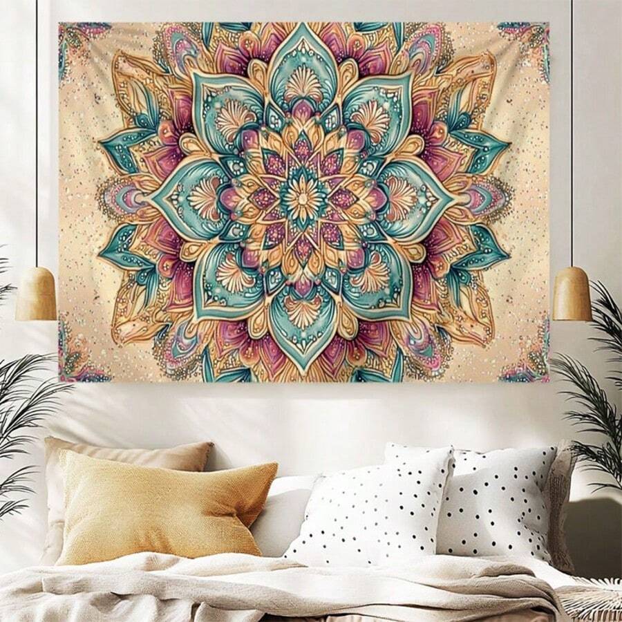 Vintage boho mandala floral tapestry displayed above bed