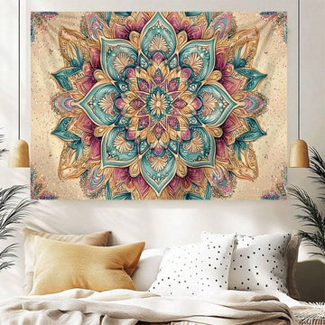 Vintage boho mandala floral tapestry displayed above bed