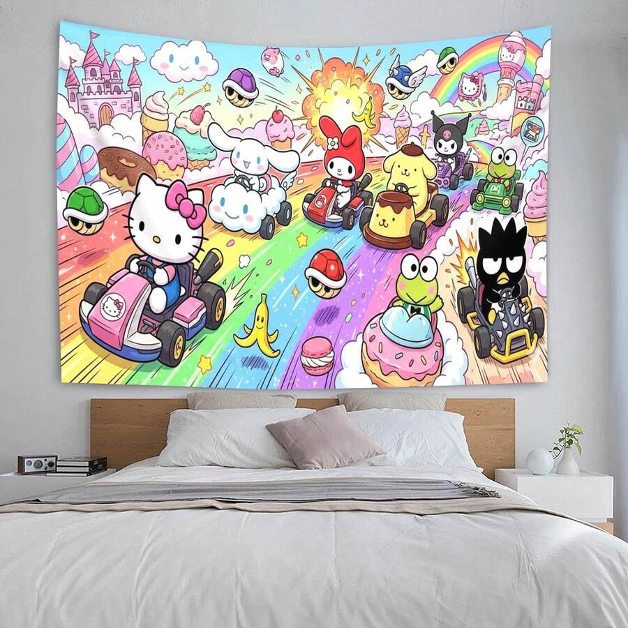 Cute cartoon racing tapestry with rainbow road backdrop