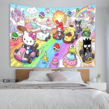 Cute cartoon racing tapestry with rainbow road backdrop