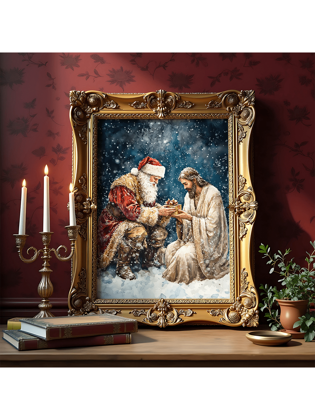 Transform your space with this striking vintage-inspired Christmas wall art that beautifully merges spiritual and festive traditions. Featuring an exquisite blend of Jesus and Santa Claus imagery, this waterproof canvas poster brings timeless holiday charm to any room. The durable, weather-resistant canvas ensures lasting vibrancy whether displayed in your home, office, or covered outdoor area. Perfect for collectors of classic Christmas décor, this piece captures the warmth and nostalgia of traditional hol