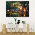 Fairytale forest tree house tapestry above dining table