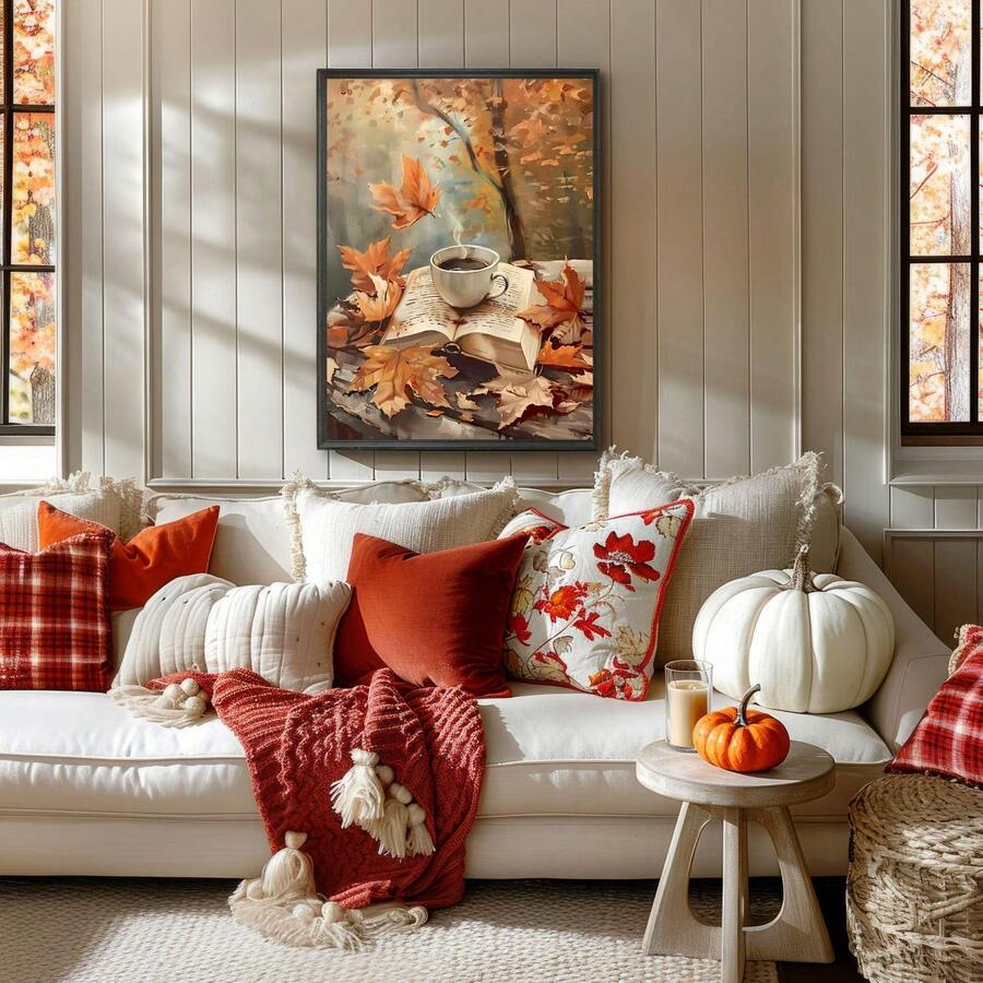 Autumn reading wall art above sofa with pumpkins and knit throw