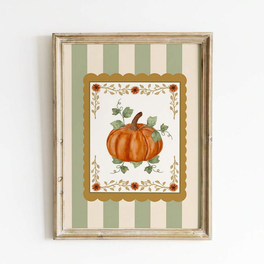 Rustic fall pumpkin farmhouse canvas poster with sage stripe border