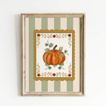 Rustic fall pumpkin farmhouse canvas poster with sage stripe border
