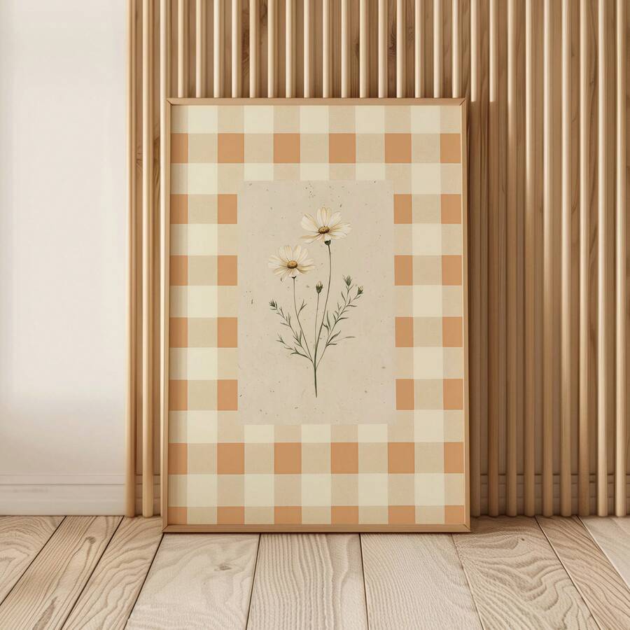 Large framed daisy gingham print leaning against a vertical wood-slat wall