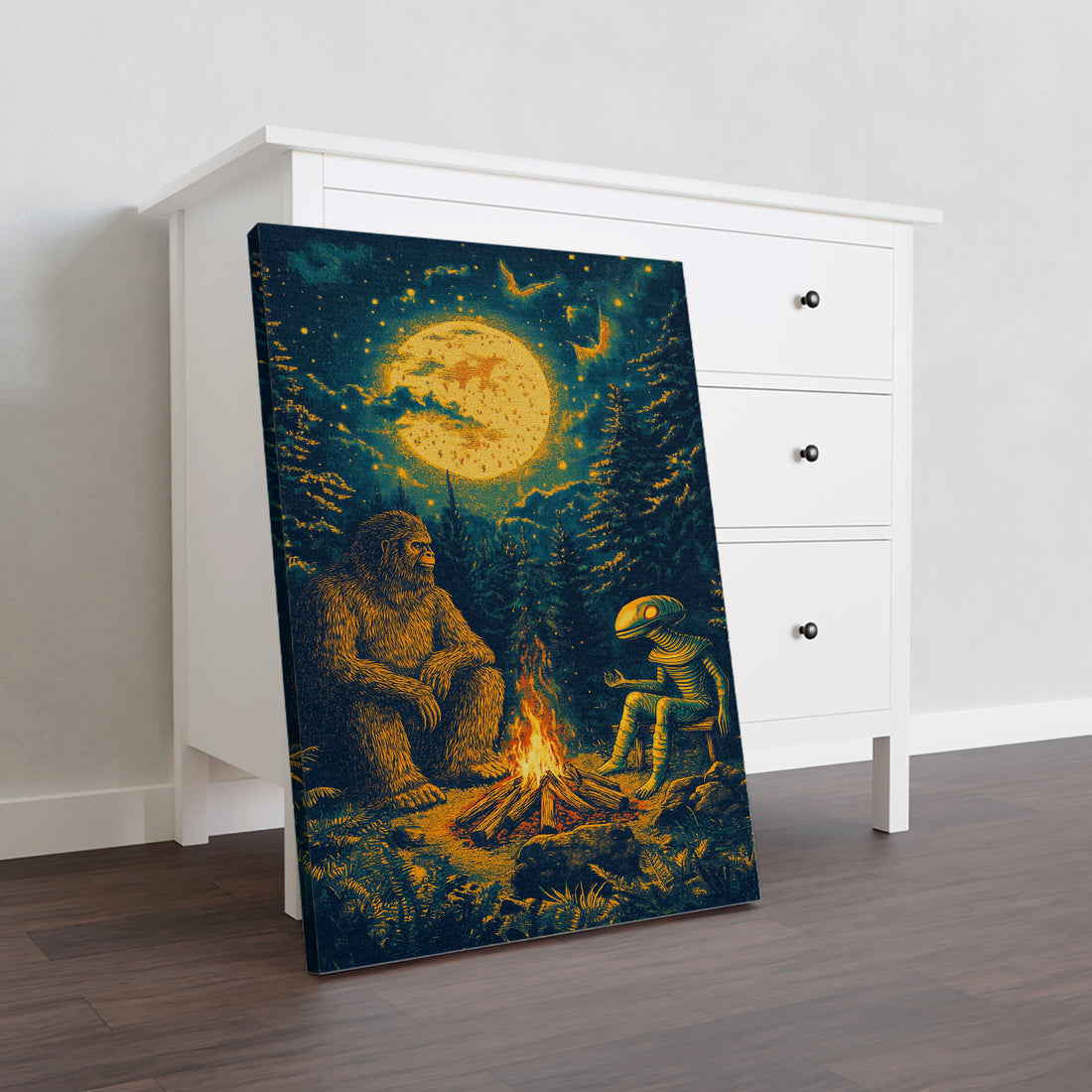 Add a touch of whimsy and adventure to your home decor with our Fantasy Art Canvas Print. Featuring a unique and playful depiction of Bigfoot and Robot gathered around a campfire, this print is perfect for sprucing up your living room, as a backdrop for your sofa, or bedside decoration.