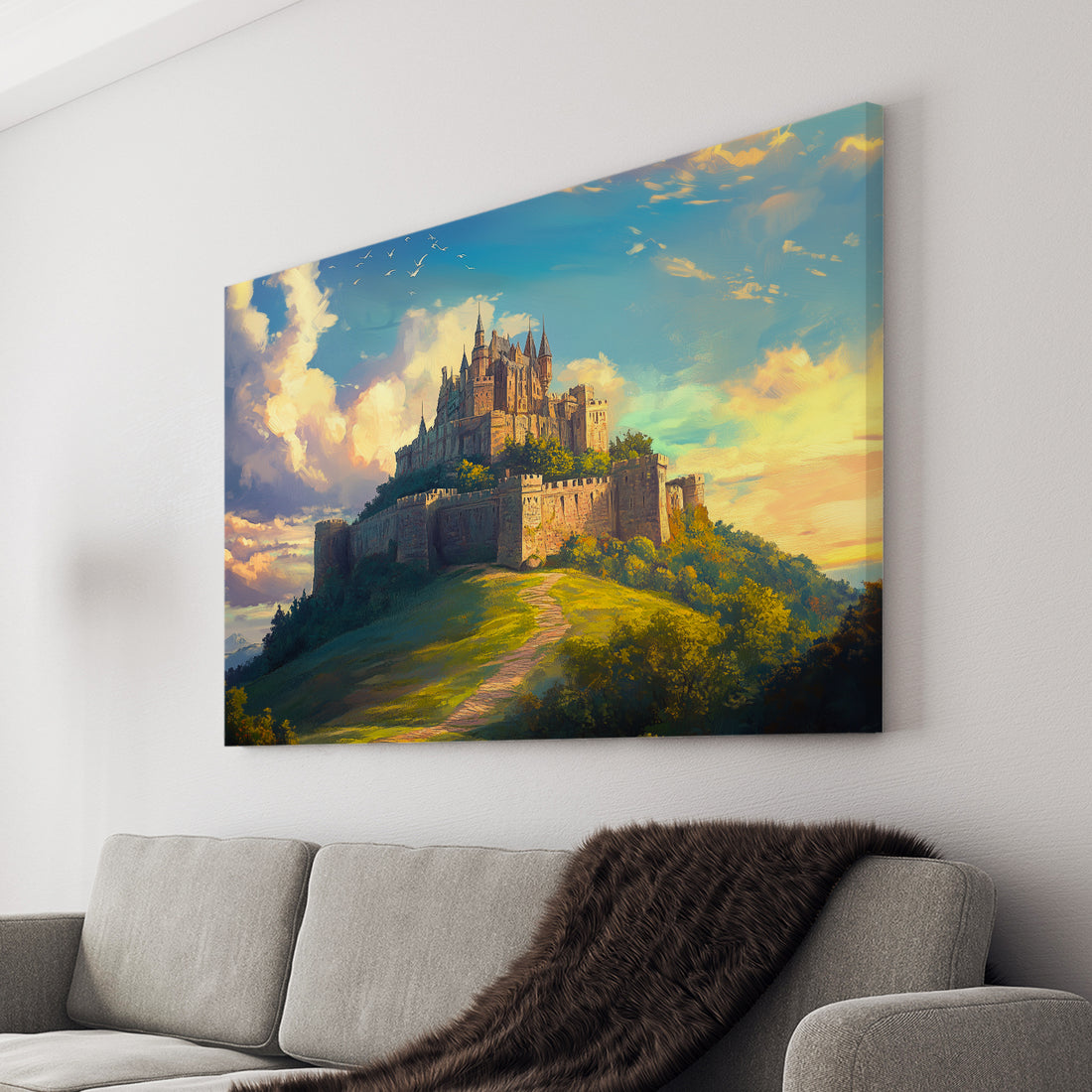 Enhance the ambience of your living room, sofa backdrop, or bedside with this stunning Fantasy Castle Wall Art Canvas Print showcasing a mesmerizing Sunset Mountain Landscape. Handcrafted by experts, this canvas print adds a touch of fantasy to any room while elevating your home decor.