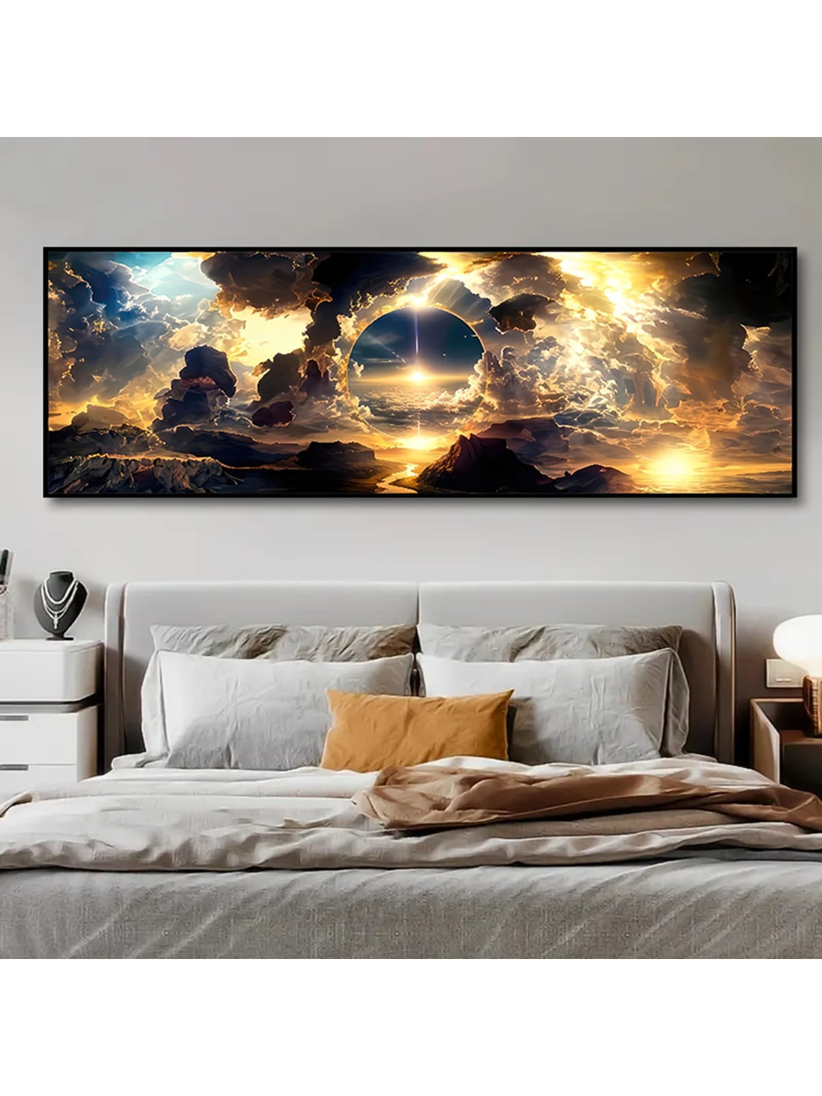 Transform your living space with our Fantasy Dawn Holy Light Canvas Wall Art. This large-format decorative poster captures ethereal light breaking through a mystical landscape, creating a focal point that elevates any room's aesthetic. The premium canvas construction ensures vibrant color retention and durability, making it an investment piece for both living rooms and bedrooms seeking a touch of otherworldly elegance.