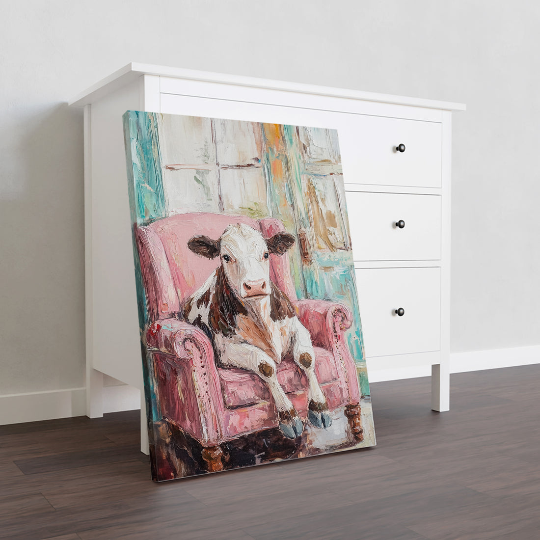 Add a touch of farmhouse charm to your living room, sofa backdrop, or bedside with this stunning canvas wall art featuring a playful cow and cozy pink armchair. Made with high-quality materials, this print will elevate your home decor and provide a calming and inviting atmosphere.