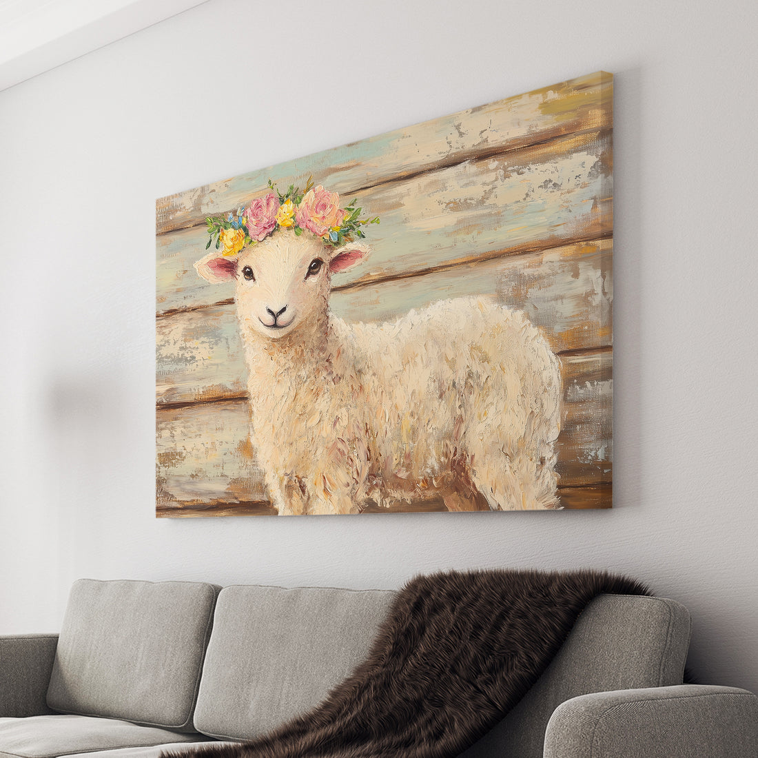 Transform any living space with this Farmhouse Lamb Canvas Wall Art. Featuring a charming and whimsical floral crown sheep painting, this piece adds character and personality to any room. Perfect for living rooms, sofa backdrops, bedside decorations, and more.