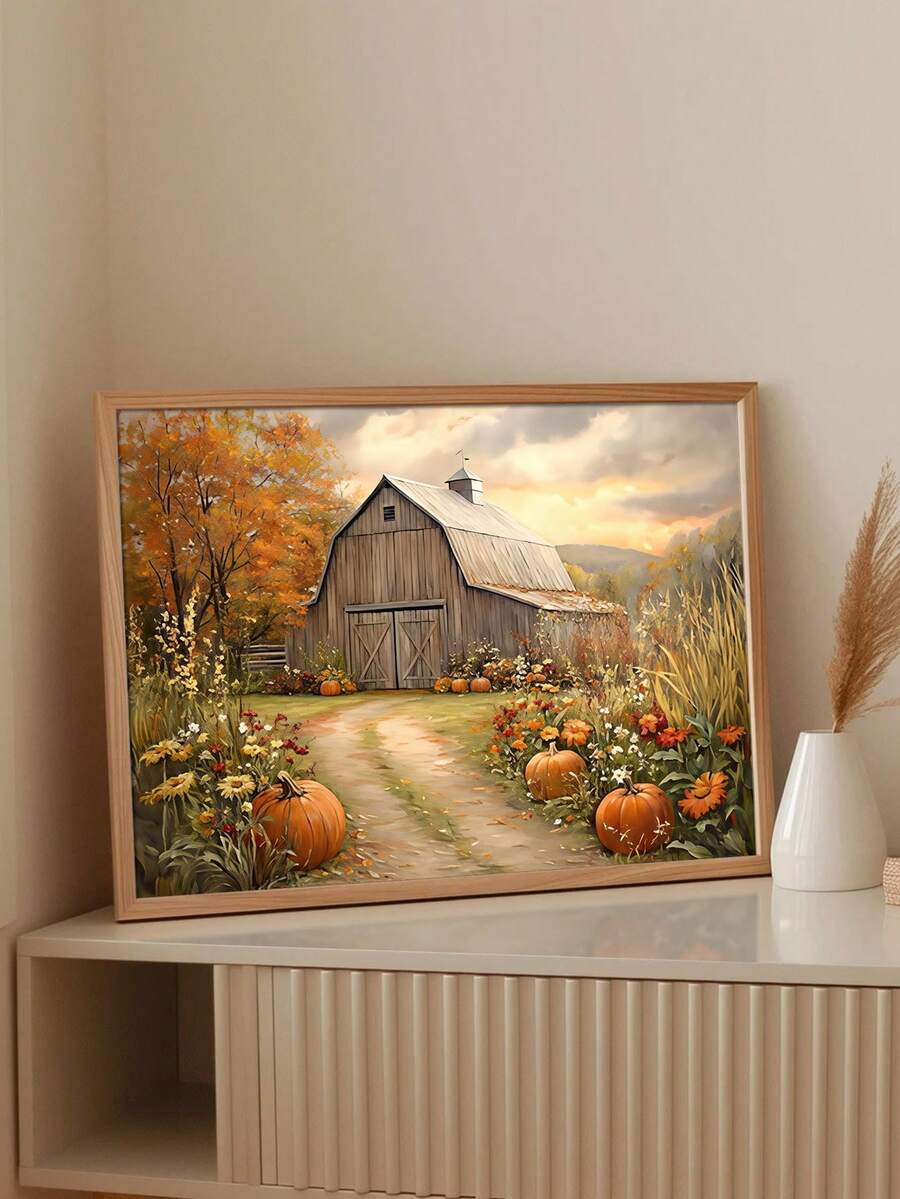 Farmhouse Pumpkin Barn Moody Fall Countryside Painting Canvas Poster