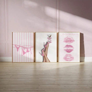 Blue coquette fashion collage with heels, martini glass, newspaper and bow