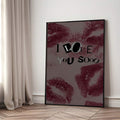 Burgundy lipstick love typography canvas poster in black frame