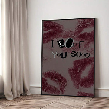 Burgundy lipstick love typography canvas poster in black frame