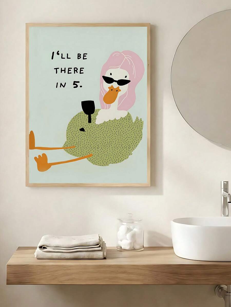 Bring playful personality to any space with this charming Fashionably Late Poster featuring a retro diva duck design. Perfect for bathrooms, bedrooms, or living rooms, this cartoon-style artwork combines fun and sophistication. Available as unframed canvas or framed picture, it's crafted with waterproof material for durability. The removable design makes it easy to update your décor whenever inspiration strikes. Whether you're a duck enthusiast or love quirky vintage aesthetics, this whimsical piece adds ch