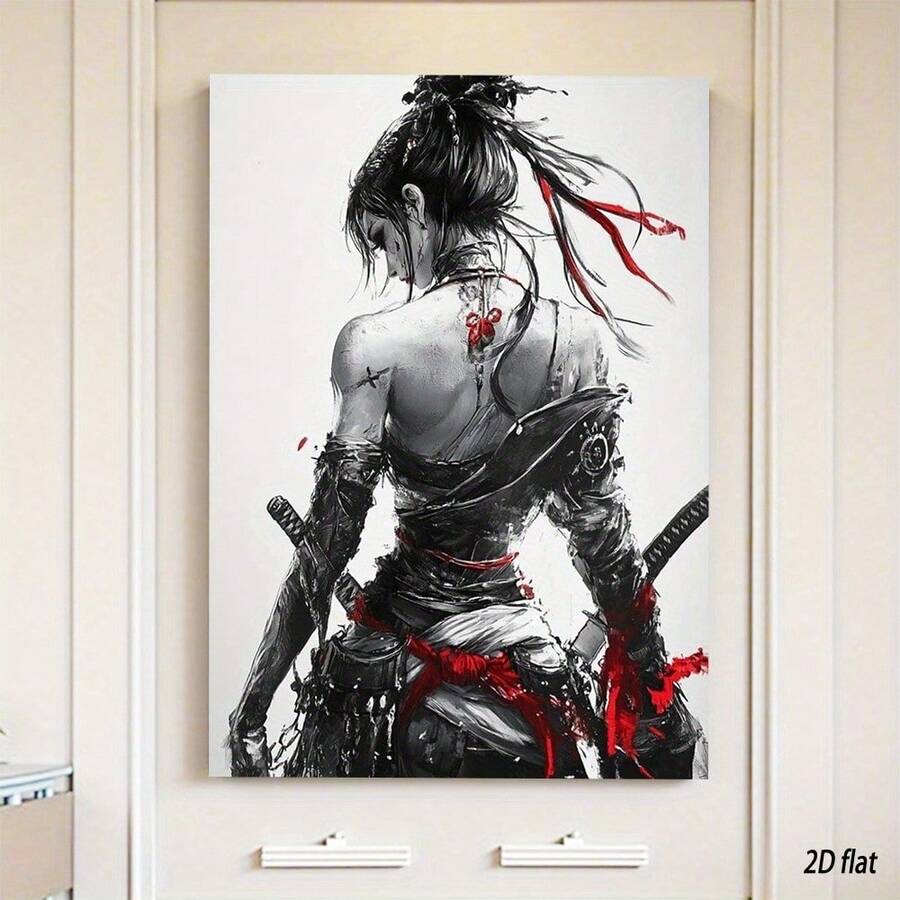 Female samurai canvas poster with black hair and red ribbons on a white wall