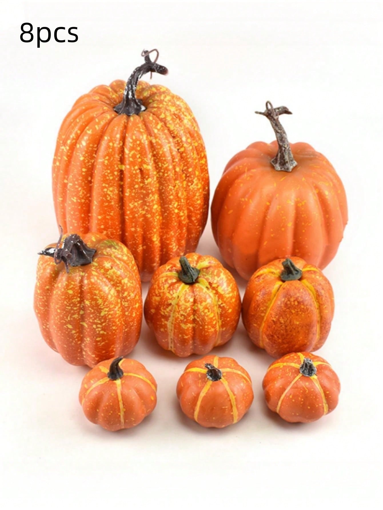 Add a touch of festive charm to your home this fall with our 7-8 piece set of assorted sized artificial fake orange pumpkins. Perfect for both Thanksgiving and Halloween decorations. Made with high-quality materials for a realistic look. Upgrade your seasonal decor with ease.