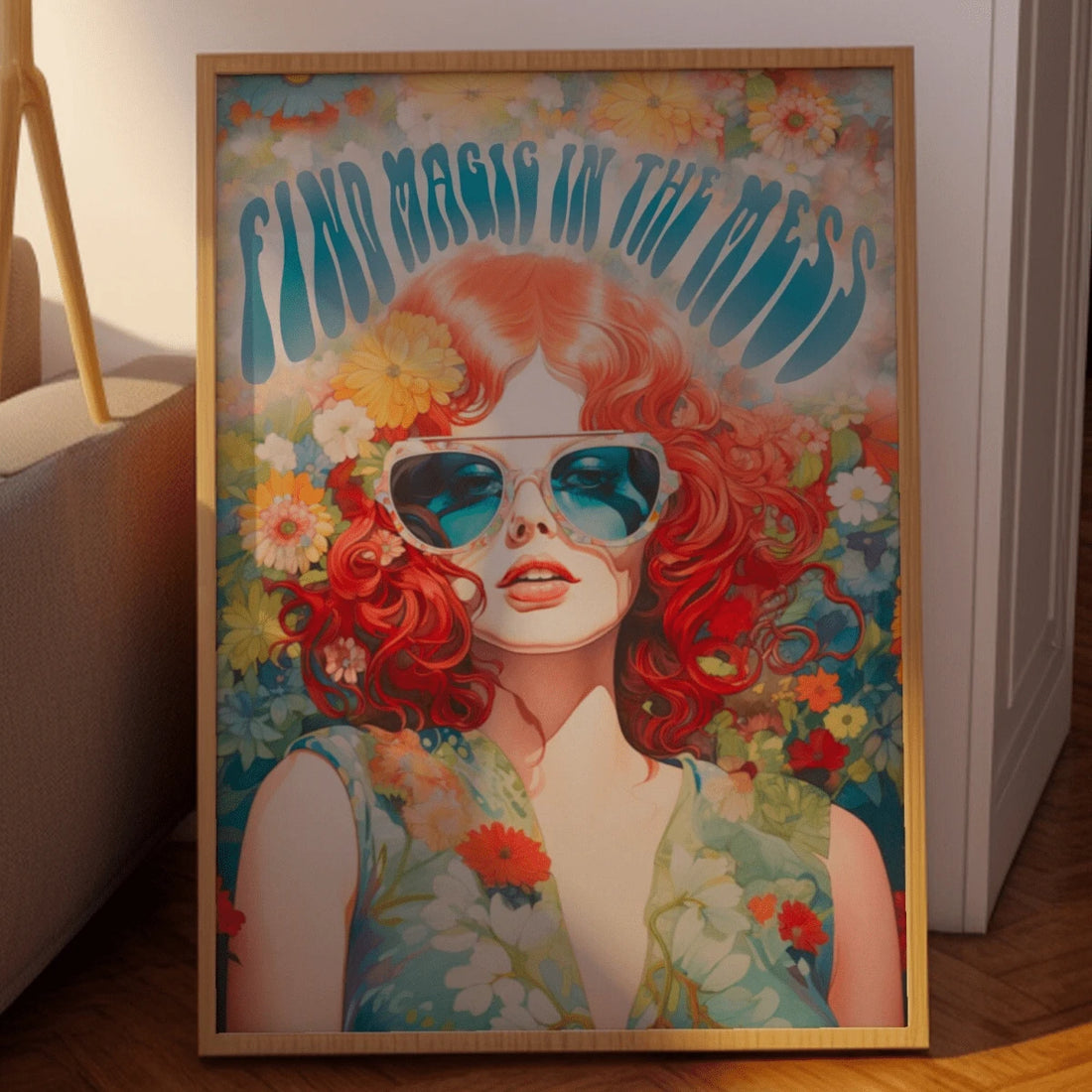 Framed retro flower woman canvas poster with Find Magic In The Mess message