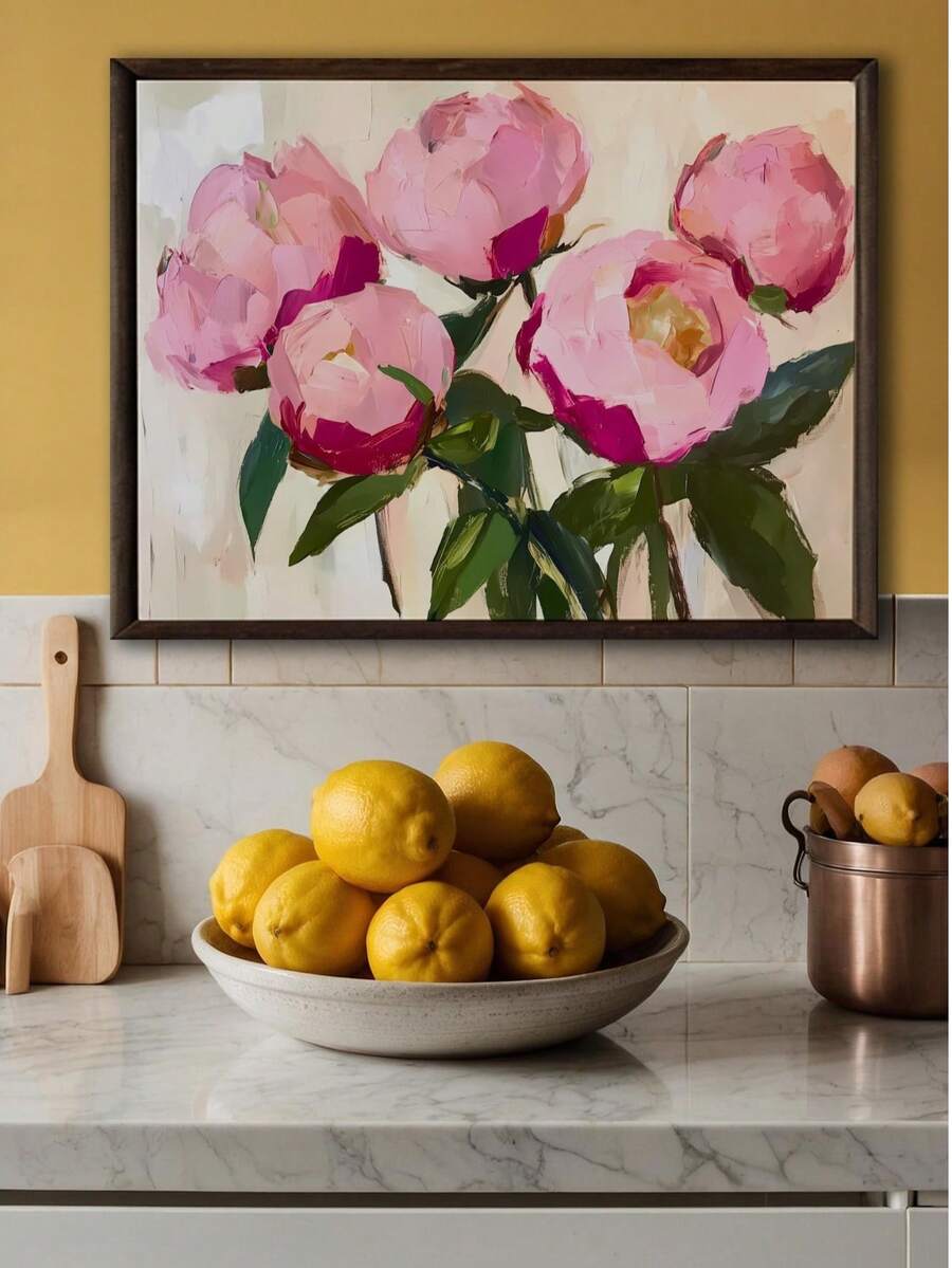 Five Pink Peonies Canvas poster with minimalist floral artwork. Perfect for elegant home decor, botanical wall art, and modern living spaces.